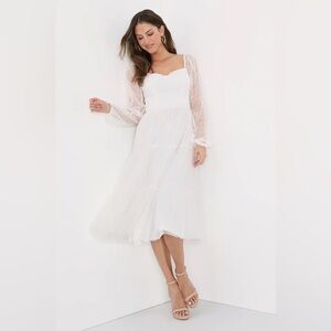 Affectionate Aura White Swiss Dot Tiered Bustier Midi Dress